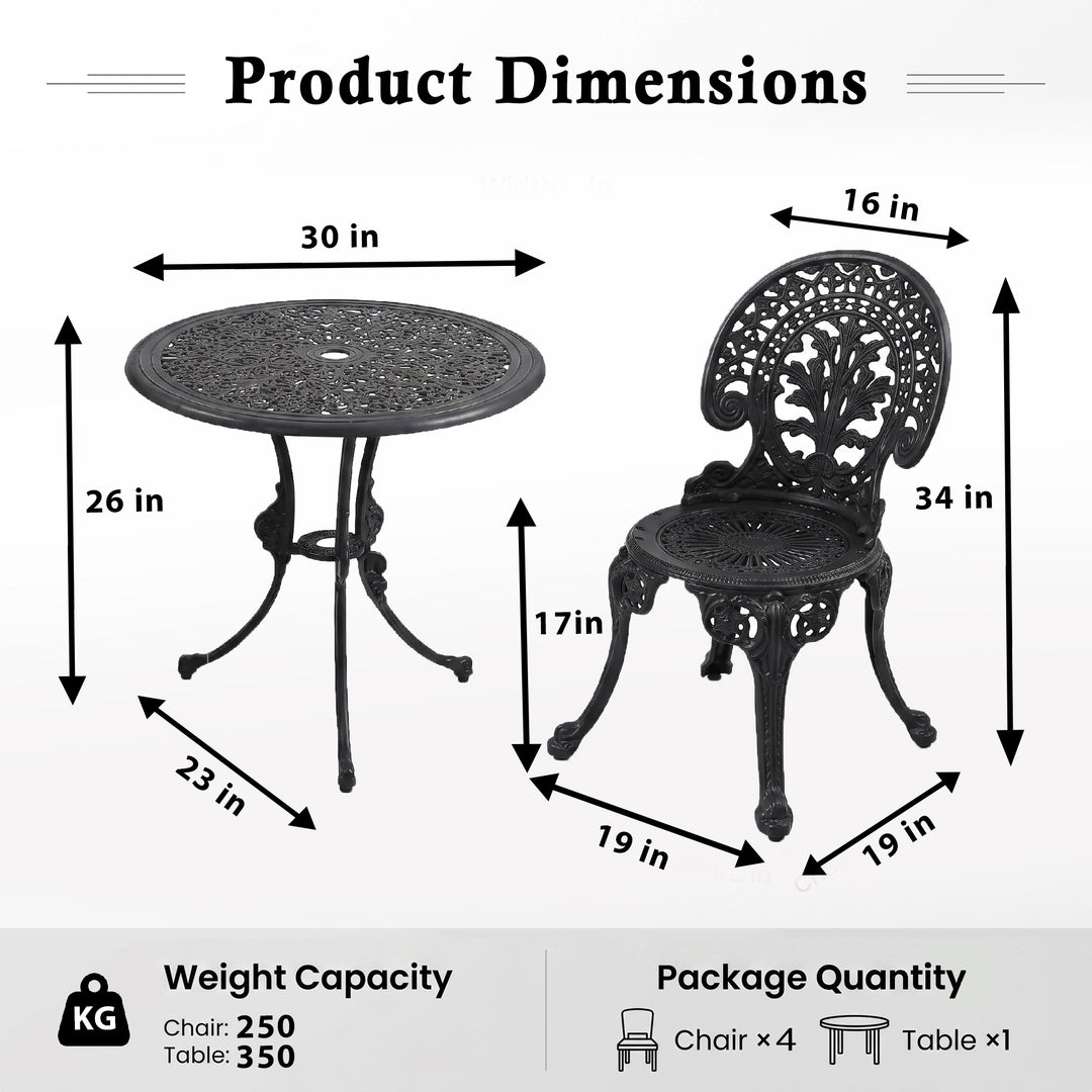 Nikola Cast Aluminium Garden Patio Seating 4 Chair and 1 Table Set (Black)