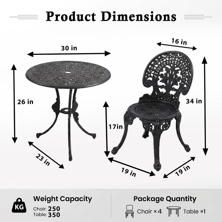 Nikola Cast Aluminium Garden Patio Seating 4 Chair and 1 Table Set (Black)