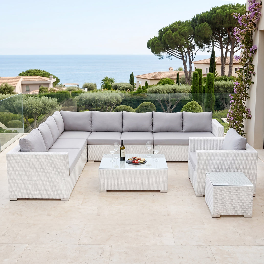 Ulva Outdoor Sofa Set 8 Seater , Single Seater and 2 Center Table Set (White)