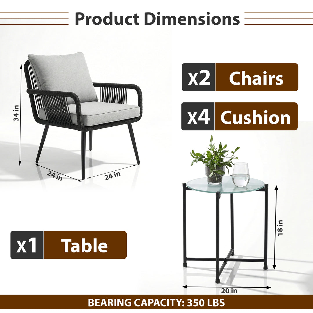 Pulp Outdoor Patio Seating Set 2 Chairs and 1 Table Set (Black) Braided & Rope