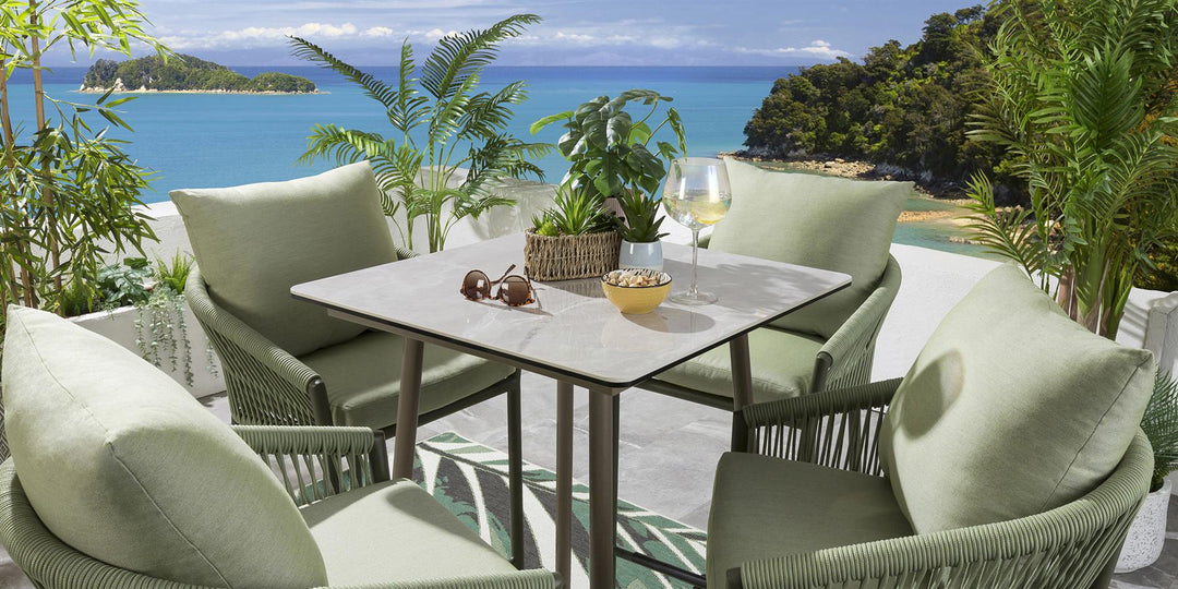 Rocío Outdoor Patio Bar Set 4 Chairs and 1 Table Set (Green) Braided & Rope