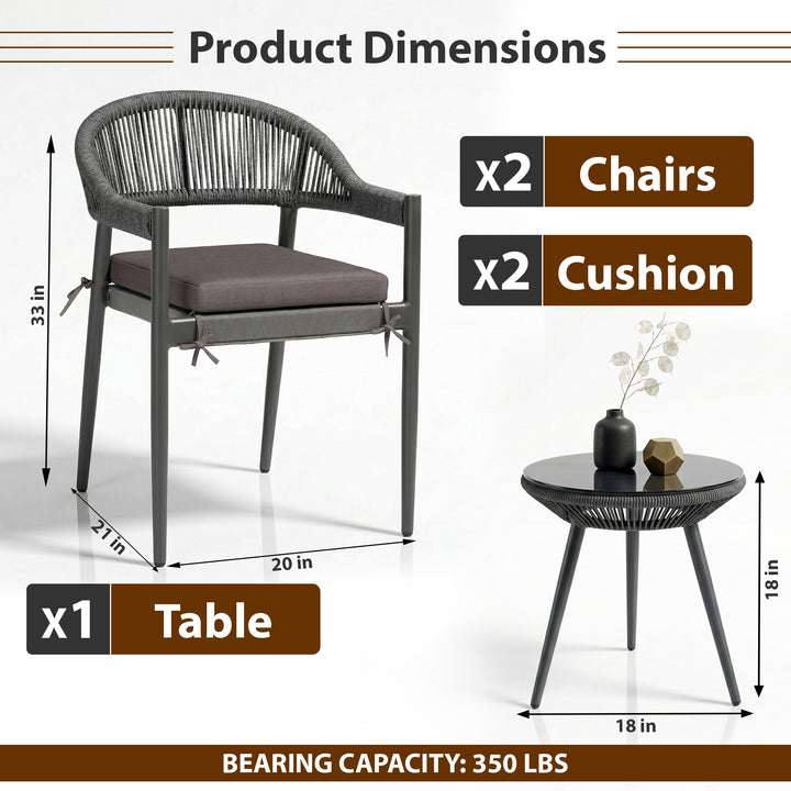 Brila Outdoor Patio Seating Set 2 Chairs and 1 Table Set (Black) Braided & Rope