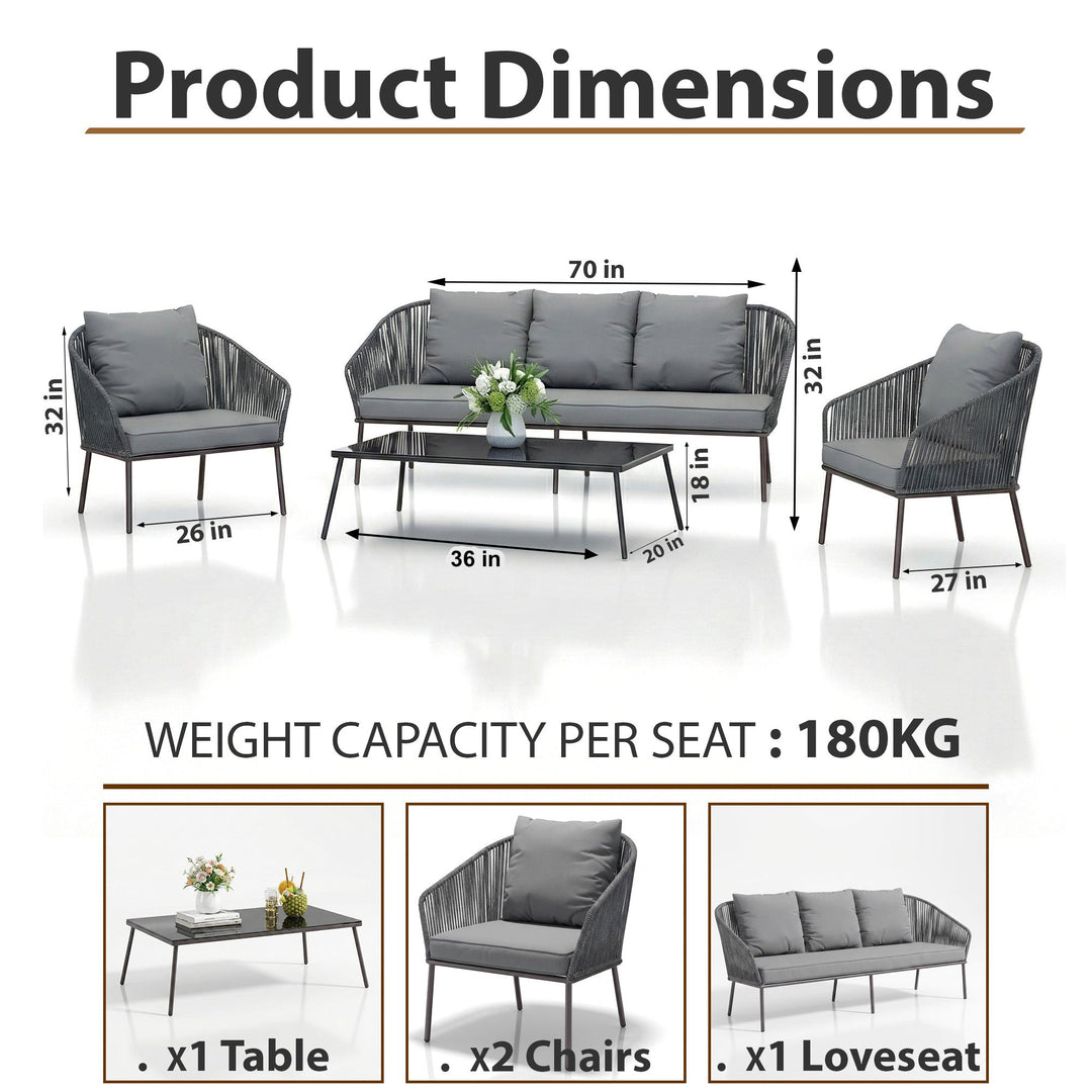Shed Outdoor Sofa Set 3 Seater , 2 Single seater and 1 Center Table Set Braided & Rope