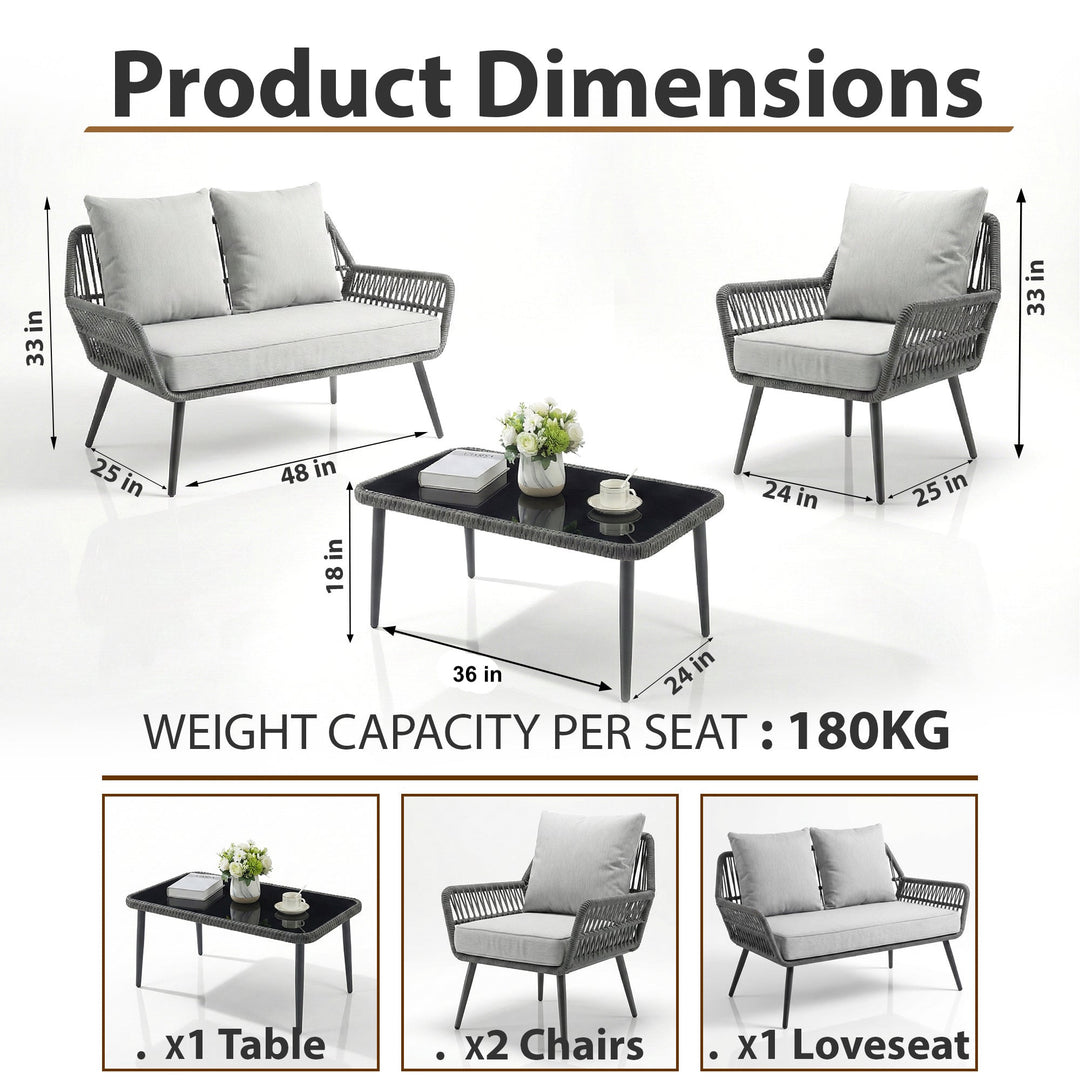 Alveré Outdoor Sofa Set 2 Seater, 2 Single seater and 1 Center Table (Grey) Braid & Rope