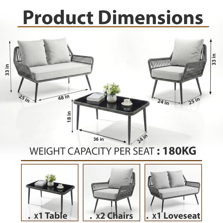 Alveré Outdoor Sofa Set 2 Seater, 2 Single seater and 1 Center Table (Grey) Braid & Rope