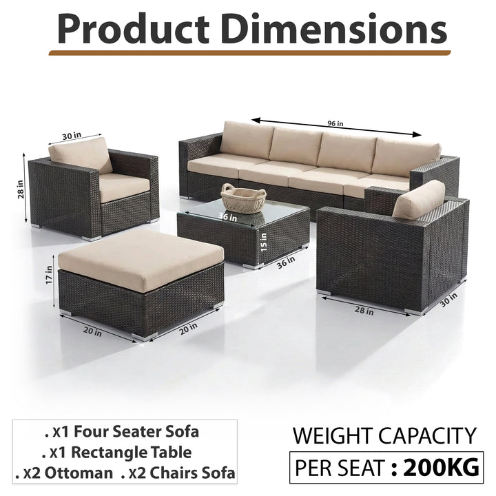 Mimi Outdoor Garden Balcony Sofa Set  3 Seater , 2 Seater ,2 Single Seater and 1 Center Table With 1 Side Table and 1 Ottoman Set (Brown)