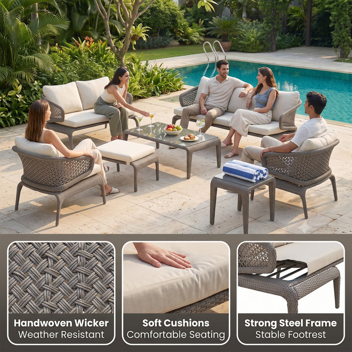 Bart Outdoor Garden Balcony Sofa Set  3 Seater , 2 Seater ,2 Single Seater and 1 Center Table With 1 Side Table and 1 Ottoman Set (Grey)