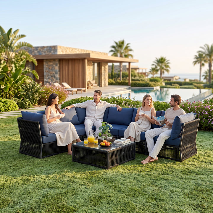 Jacobo Outdoor Sofa Set 6 Seater and 1 Center Table Set Braided & Rope