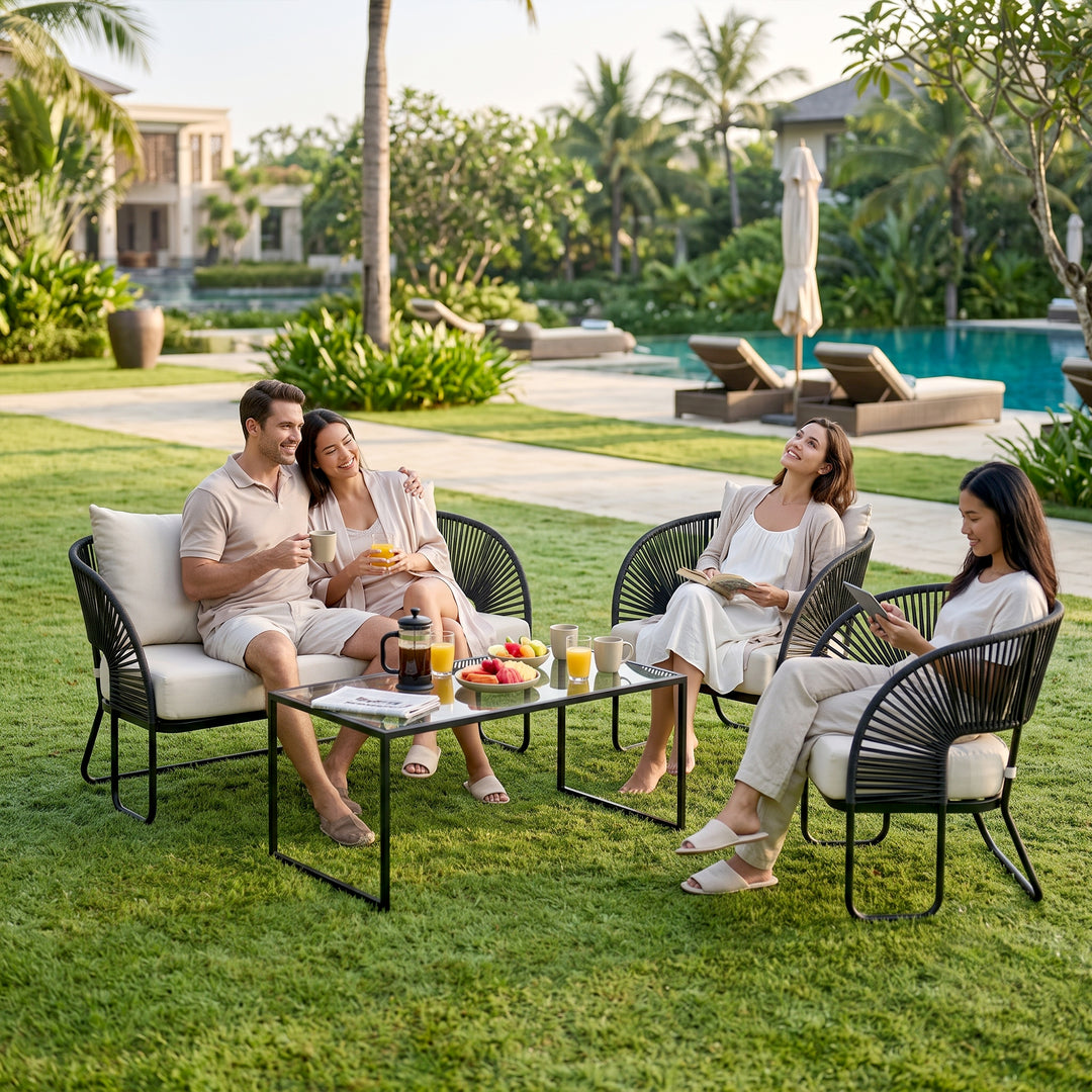 Lucas Outdoor Sofa Set 2 Seater , 2 Single seater and 1 Center Table Set (Black) Braided & Rope