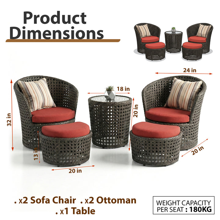 Sinato Outdoor Patio Seating Set 2 Chair with 2 ottoman and 1 Table Set (Brown)