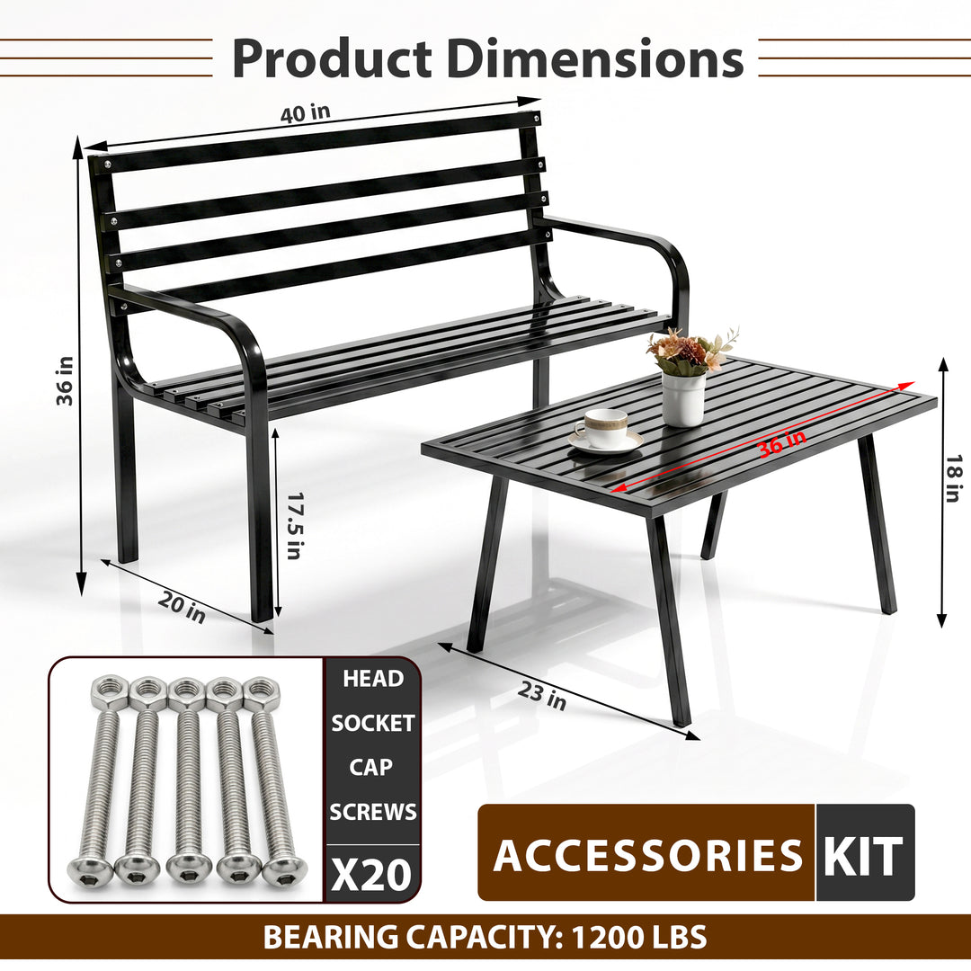 Carrillo Metal 2 Seater and 1 Table Garden Bench for Outdoor Park - (Black)