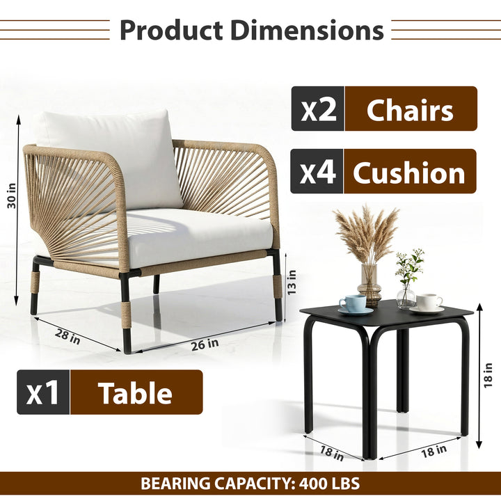 Madera Outdoor Patio Seating Set 2 Chairs and 1 Table Set (Beige) Braided & Rope