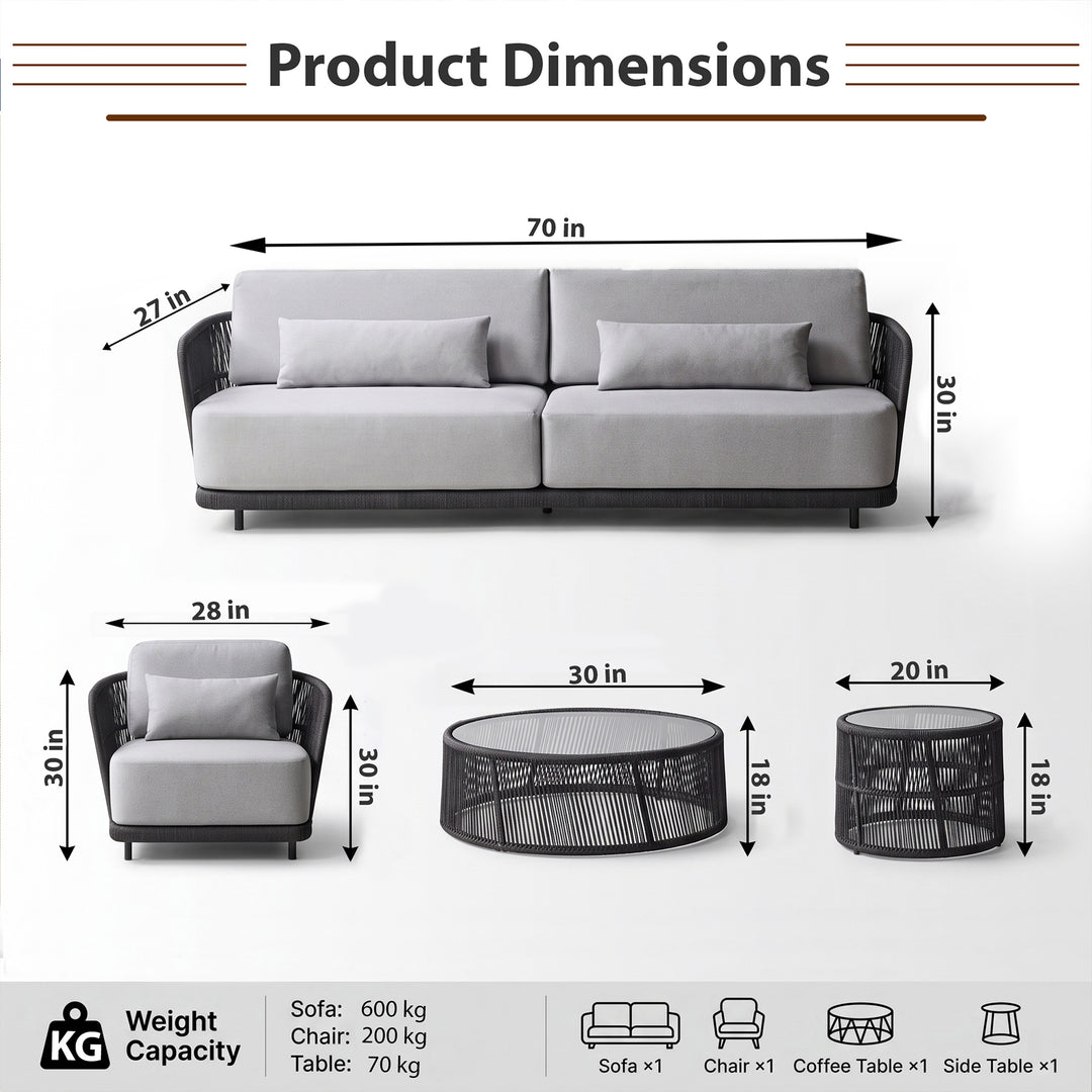 Zym Folk Outdoor Garden Balcony Sofa Set 3 Seater , 1 Single Seater 1 Center Table 1 Side Table Set (Grey) Braided and Rope