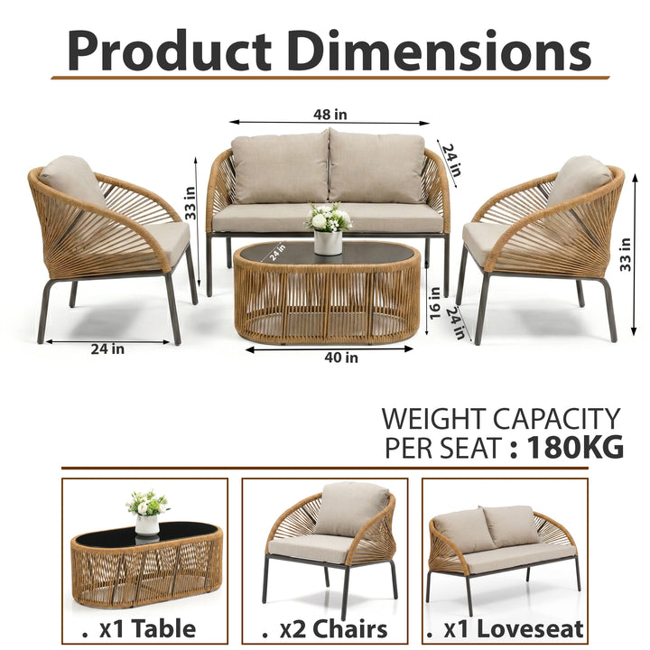 Willa Outdoor Sofa Set 2 Seater , 2 Single seater and 1 Center Table Set (Beige) Braided & Rope
