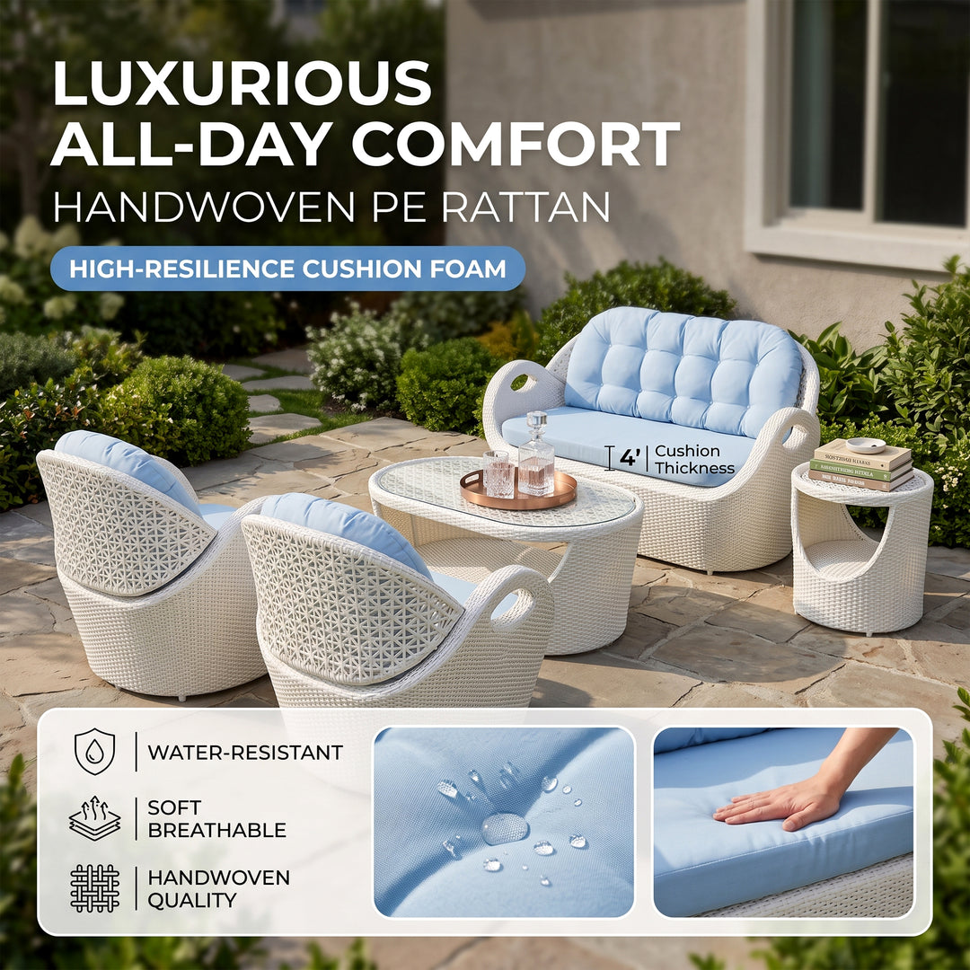 Arana Outdoor Sofa Set 2 Seater, 2 Single seater, 1 Side table and 1 Center Table (White)