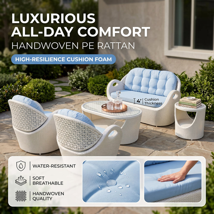 Arana Outdoor Sofa Set 2 Seater, 2 Single seater, 1 Side table and 1 Center Table (White)
