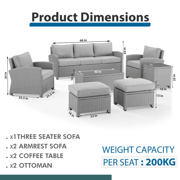 Bien Outdoor Garden Balcony Sofa Set 3 Seater, 2 Single seater, 2 Ottoman and 1 Center Table Conversation Set (Grey)