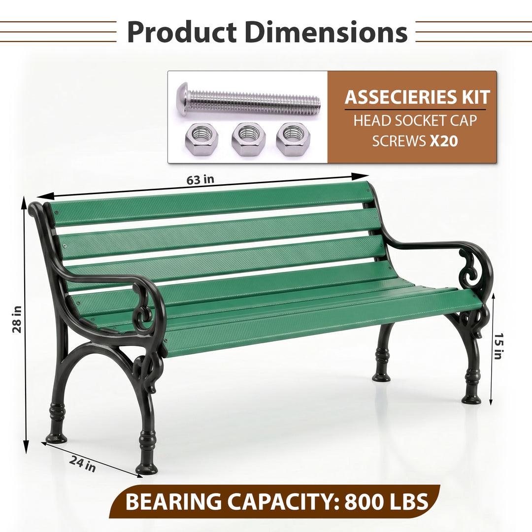 Brin Cast Iron 3 Seater FRP Garden Bench for Outdoor Park - (Black + Green)