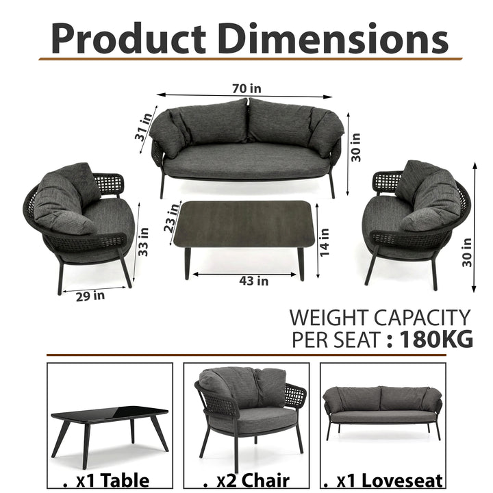 Puff Outdoor Sofa Set 2 Seater , 2 Single seater and 1 Center Table Set (Black) Braided & Rope