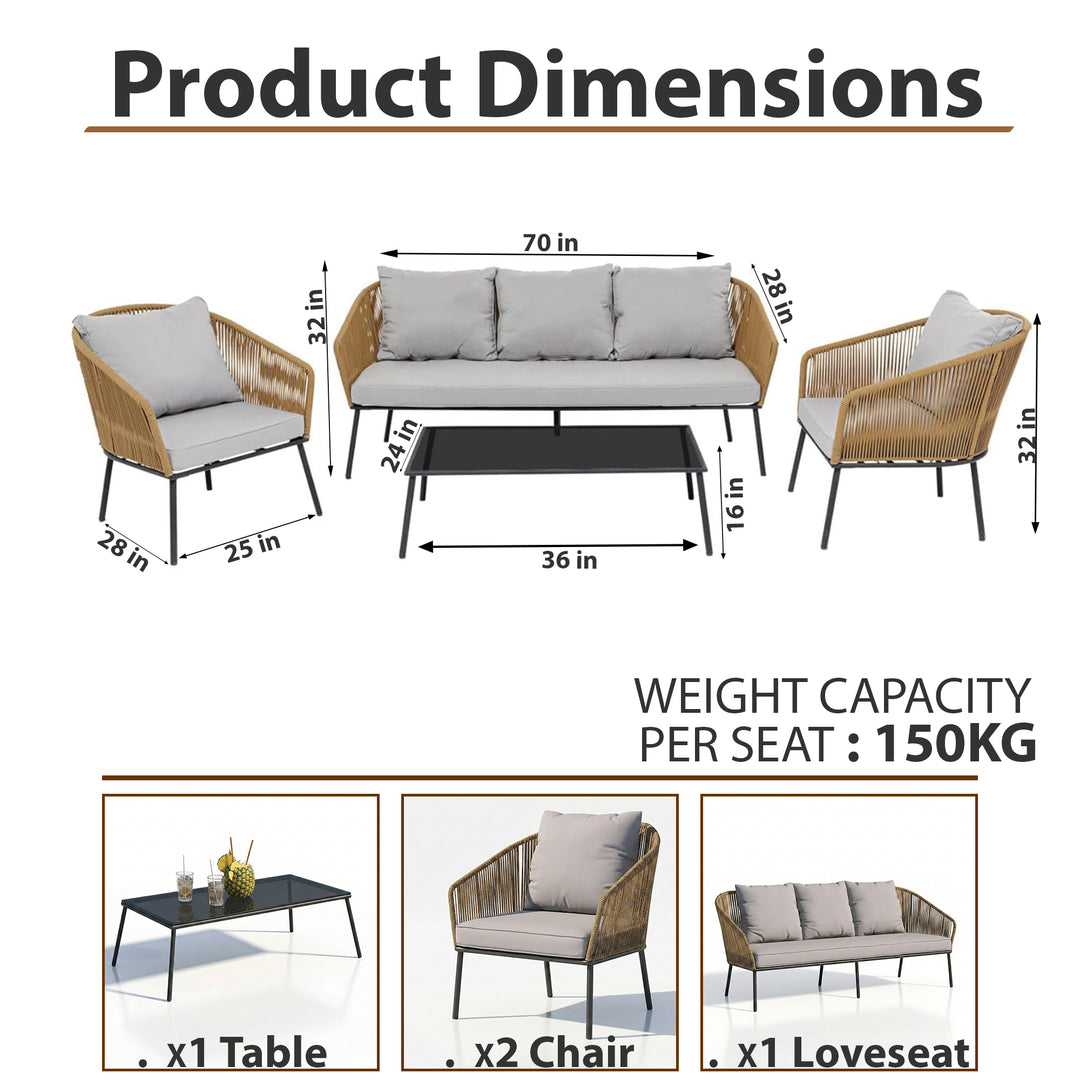 Goons Outdoor Sofa Set 3 Seater , 2 Single seater and 1 Center Table Set (Khaki) Braided & Rope