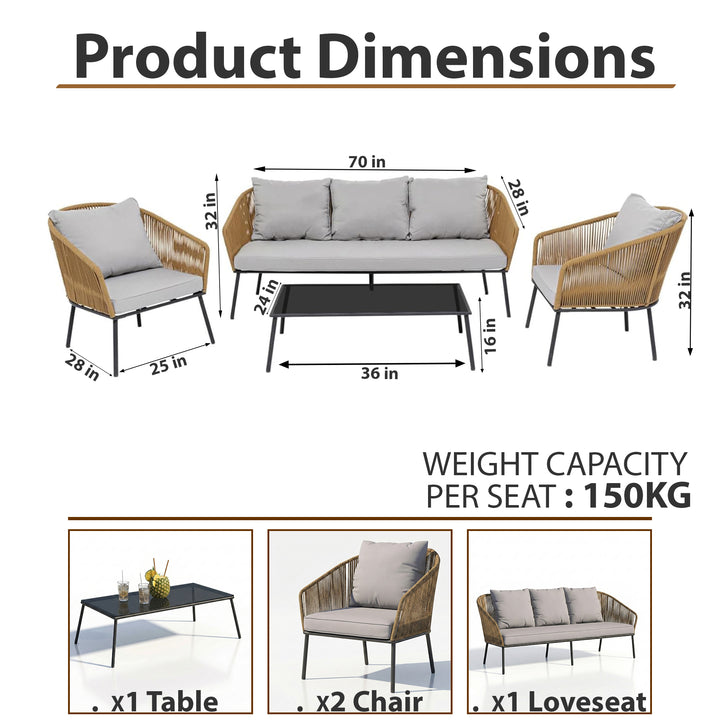 Goons Outdoor Sofa Set 3 Seater , 2 Single seater and 1 Center Table Set (Khaki) Braided & Rope