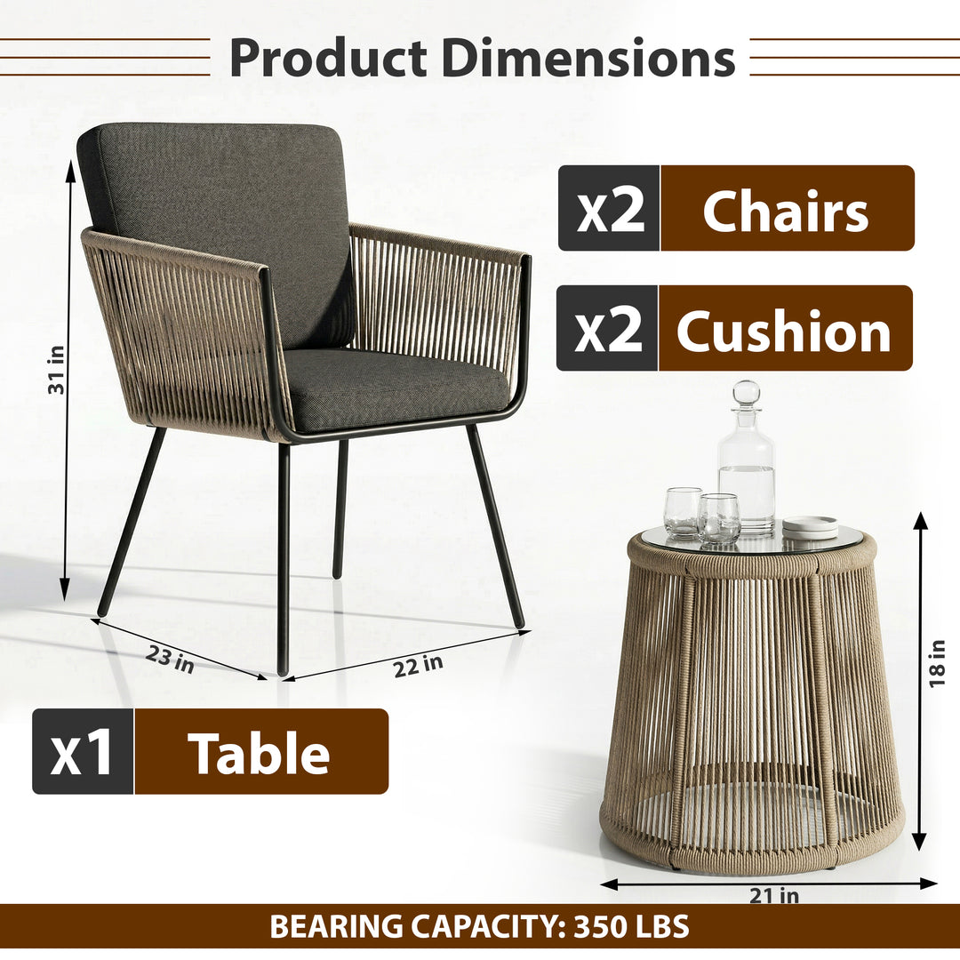Odila Outdoor Patio Seating Set 2 Chairs and 1 Table Set (GREY+BROWN) Braided & Rope