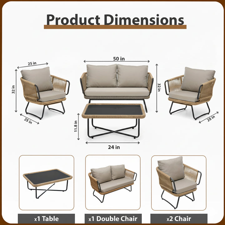 Pinon Outdoor Garden Balcony Sofa Set 2 Seater , 2 Single Seater 1 Center Table Set (Beige) Braided and Rope