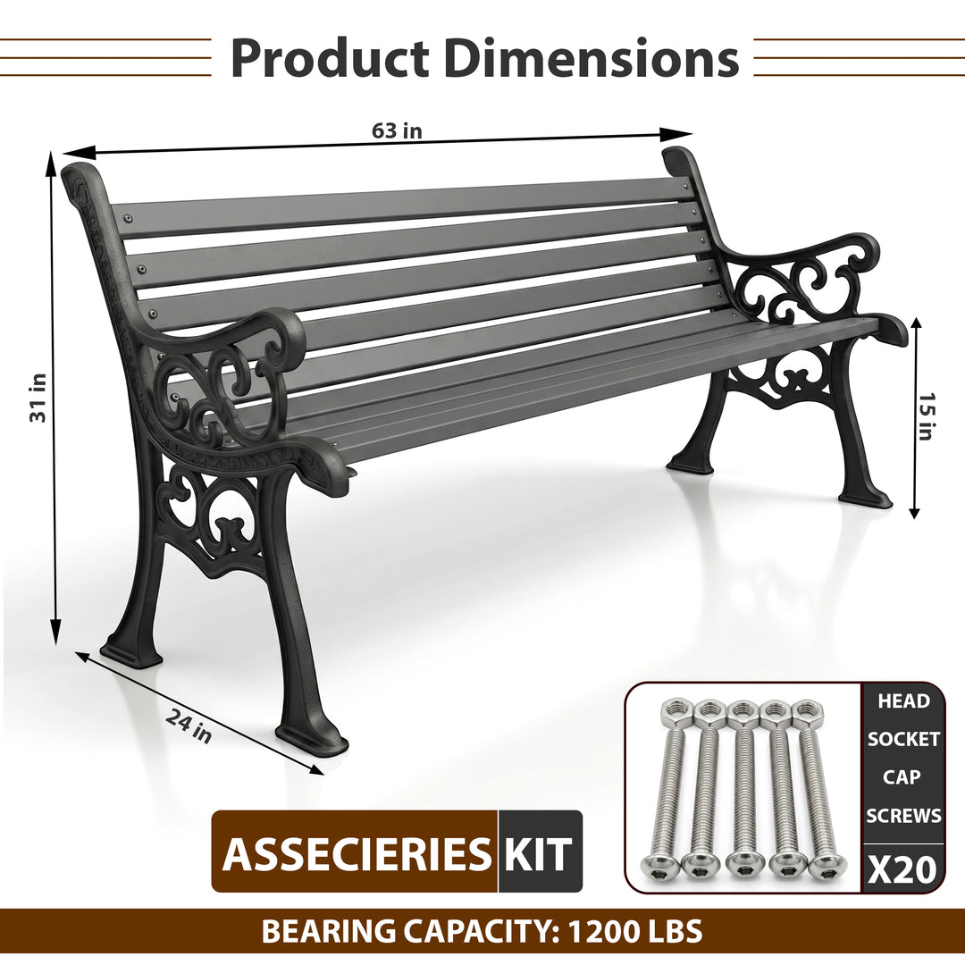 Wick Cast Iron 3 Seater Garden Bench for Outdoor Park - (Black + Grey)