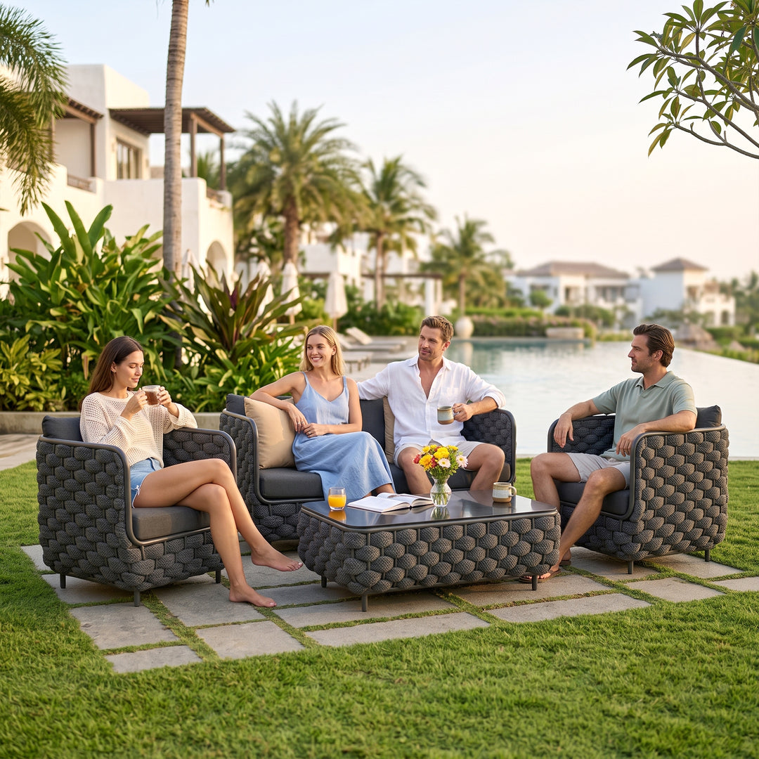 Fepel Outdoor Garden Balcony Sofa Set 2 Seater, 2 Single seater and 1 Center Table Set, Braid & Rope