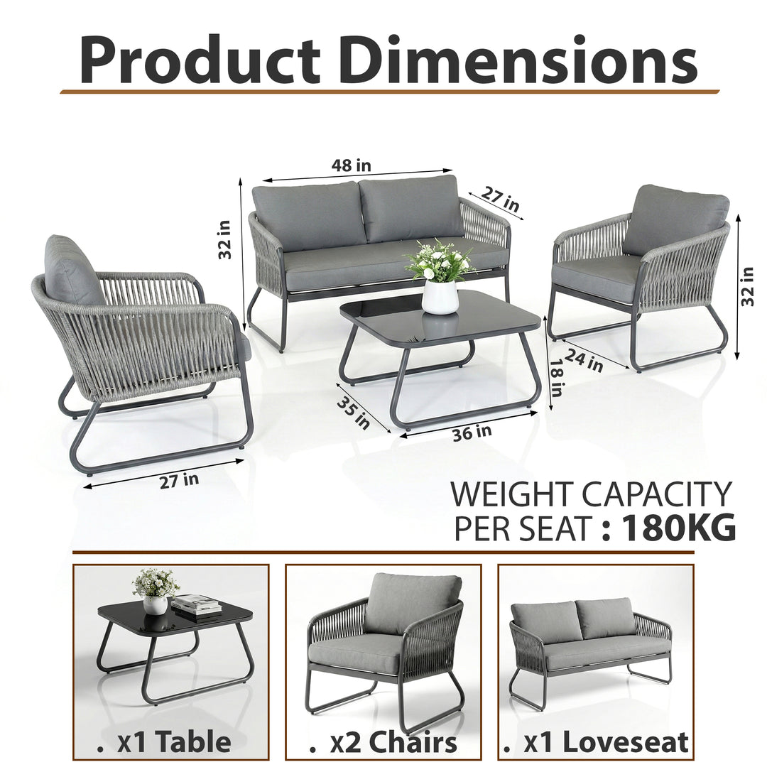 Casu Outdoor Garden Balcony Sofa Set 2 Seater, 2 Single seater and 1 Center Table Set, Braid & Rope (Grey)