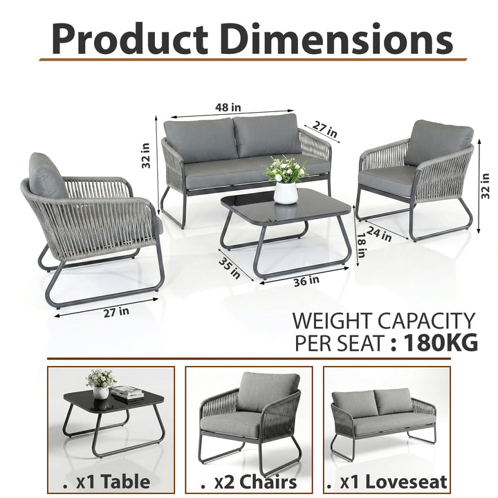 Casu Outdoor Garden Balcony Sofa Set 2 Seater, 2 Single seater and 1 Center Table Set, Braid & Rope (Grey)