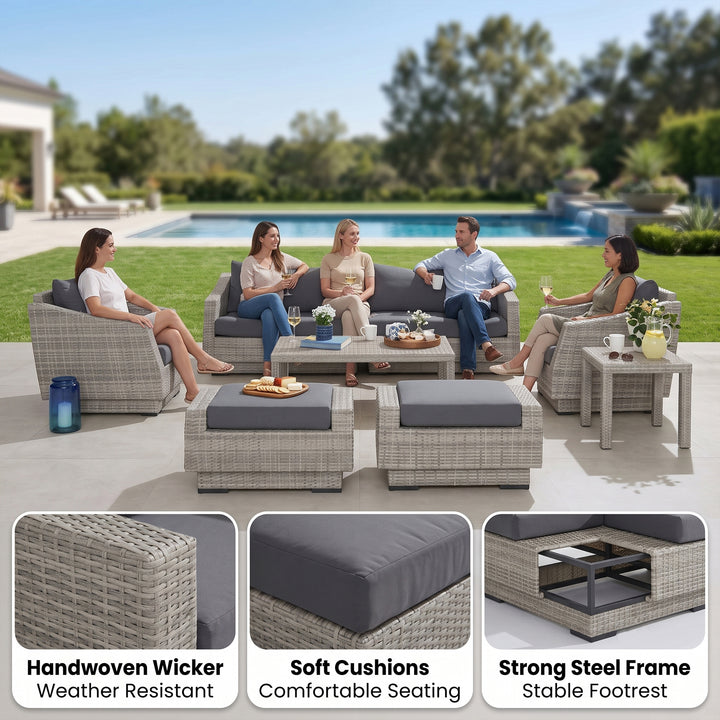 Floriana Outdoor Patio Sofa Set 3 Seater, 2 Single Seater , 2 Footstool , 1 Side table and 1 Center Table (Silver)