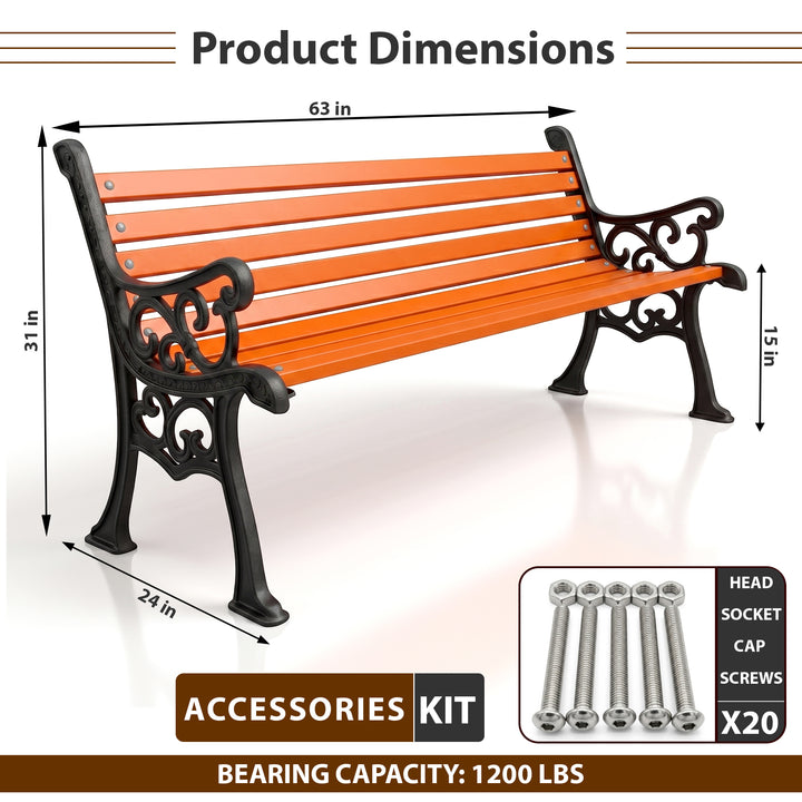 Crafty Cast Iron 3 Seater Garden Bench for Outdoor Park - (Black + Orange)