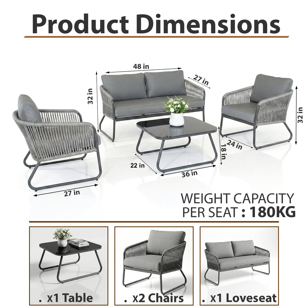 Casu Outdoor Garden Balcony Sofa Set 2 Seater, 2 Single seater and 1 Center Table (Grey) Braid & Rope