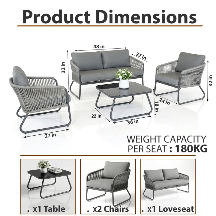 Casu Outdoor Garden Balcony Sofa Set 2 Seater, 2 Single seater and 1 Center Table (Grey) Braid & Rope