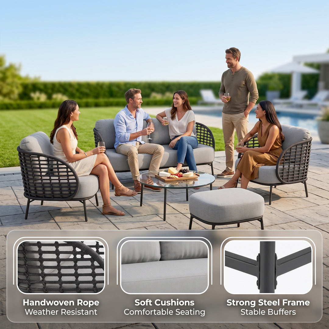 Locator Outdoor Sofa Set 2 Seater, 2 Single seater with ottoman and 1 Center Table Set (Dark Grey) Braided & Rope