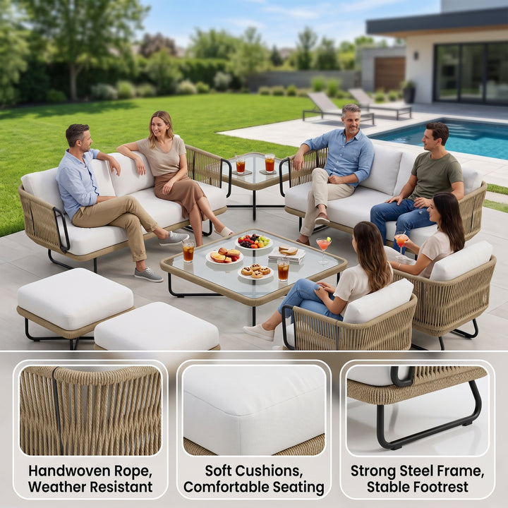 Hancy Outdoor Sofa Set 6 Seater , 2 Ottoman and 1 Center Table + 1 side table Set  (Tan + Beige) Braided & Rope