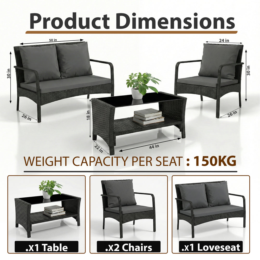 Feya Outdoor Sofa Set 2 Seater, 2 Single seater and 1 Center Table Set (Black)