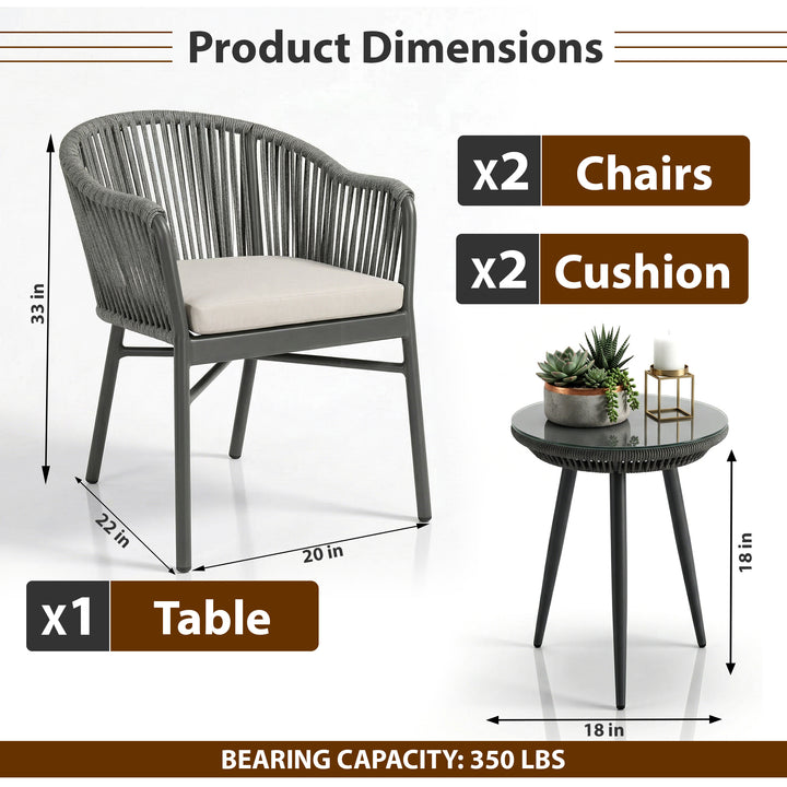 Remame Outdoor Patio Seating Set 2 Chairs and 1 Table Set (Grey) Braided & Rope
