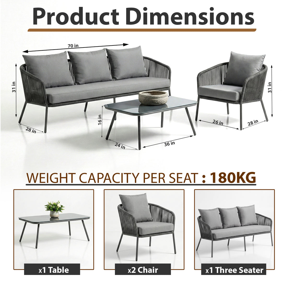 Akva Outdoor Sofa Set 3 Seater , 2 Single seater and 1 Center Table Set (Grey) Braided & Rope