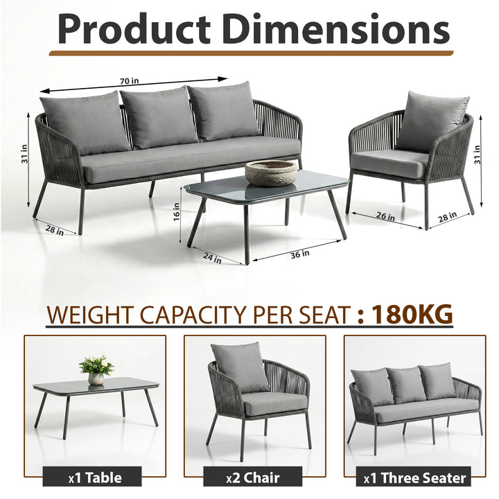 Akva Outdoor Sofa Set 3 Seater , 2 Single seater and 1 Center Table Set (Grey) Braided & Rope
