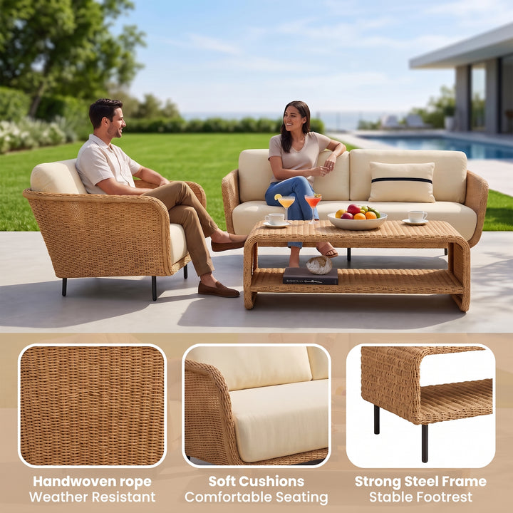 Alanna Outdoor Sofa Set 2 Seater, 1 Single seater and 1 Center Table (Light Brown)