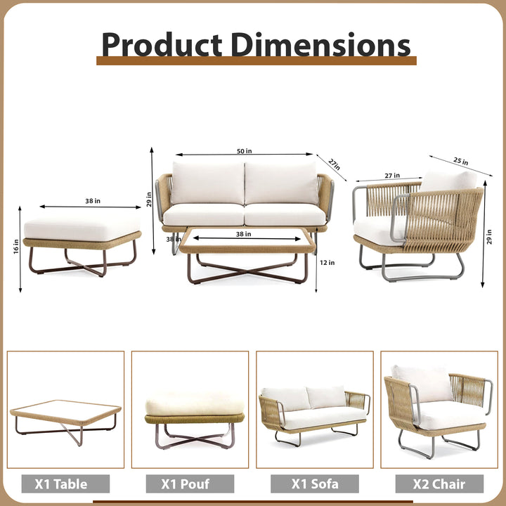 Kenly Outdoor Sofa Set 2 Seater, 2 Single seater and 1 Center Table with ottoman (Tan) Braided & Rope