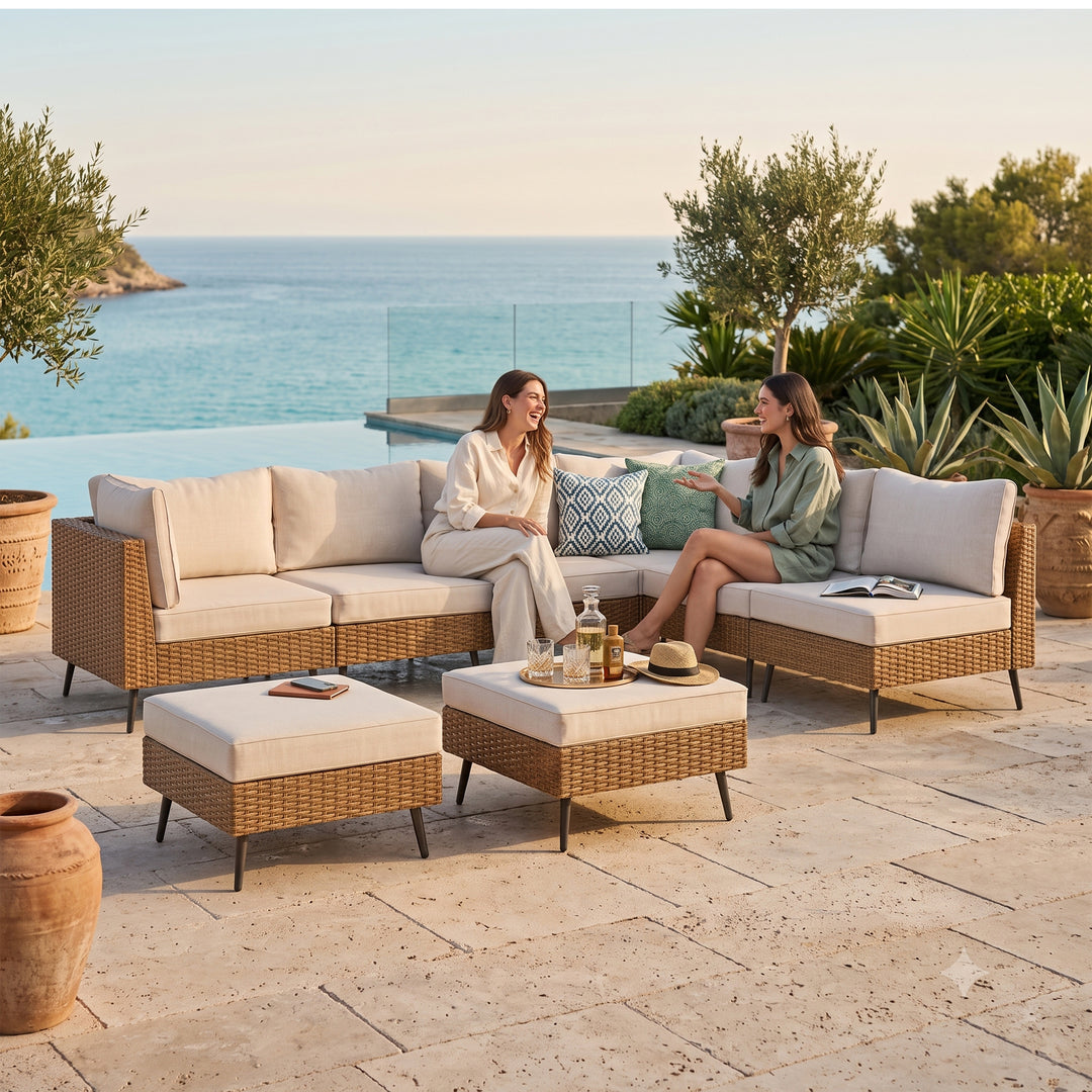 Ammar Outdoor Sofa Set 6 Seater and Single Seater with 2 Ottoman Set (Beige)