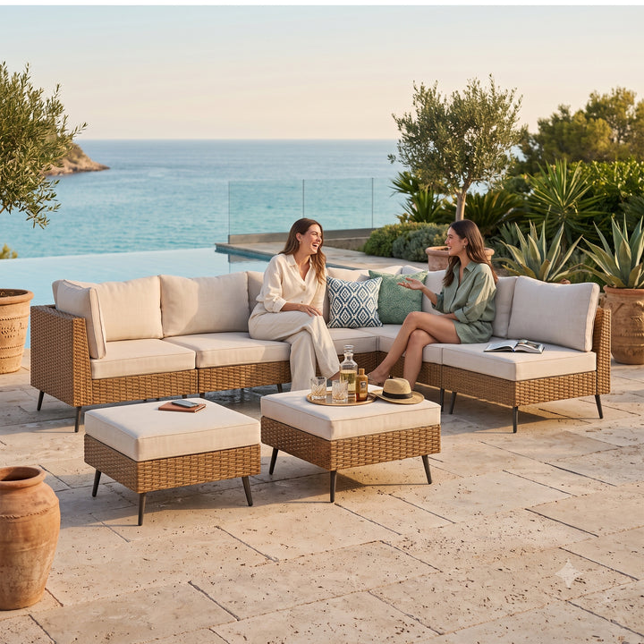Ammar Outdoor Sofa Set 6 Seater and Single Seater with 2 Ottoman Set (Beige)