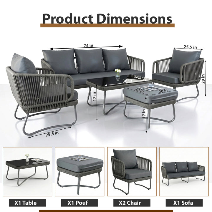 Castolo Outdoor Garden Balcony Sofa Set 3 Seater, 2 Single Seater 1 Ottoman and 1 Center Table Set Braid & Rope (Grey)