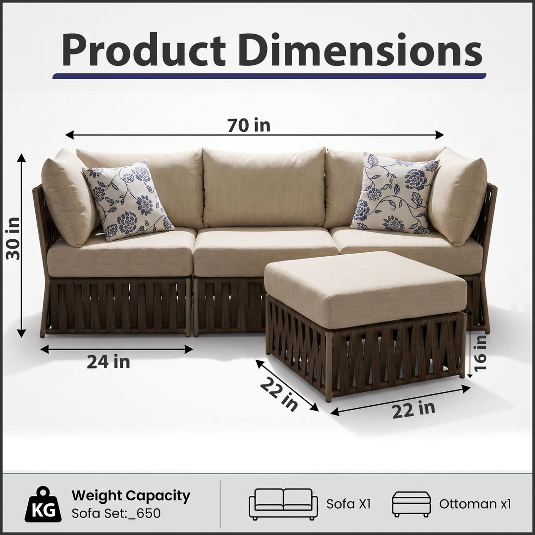 Adán Outdoor Sofa Set 3 Seater and 1 Center Table Set Braided & Rope