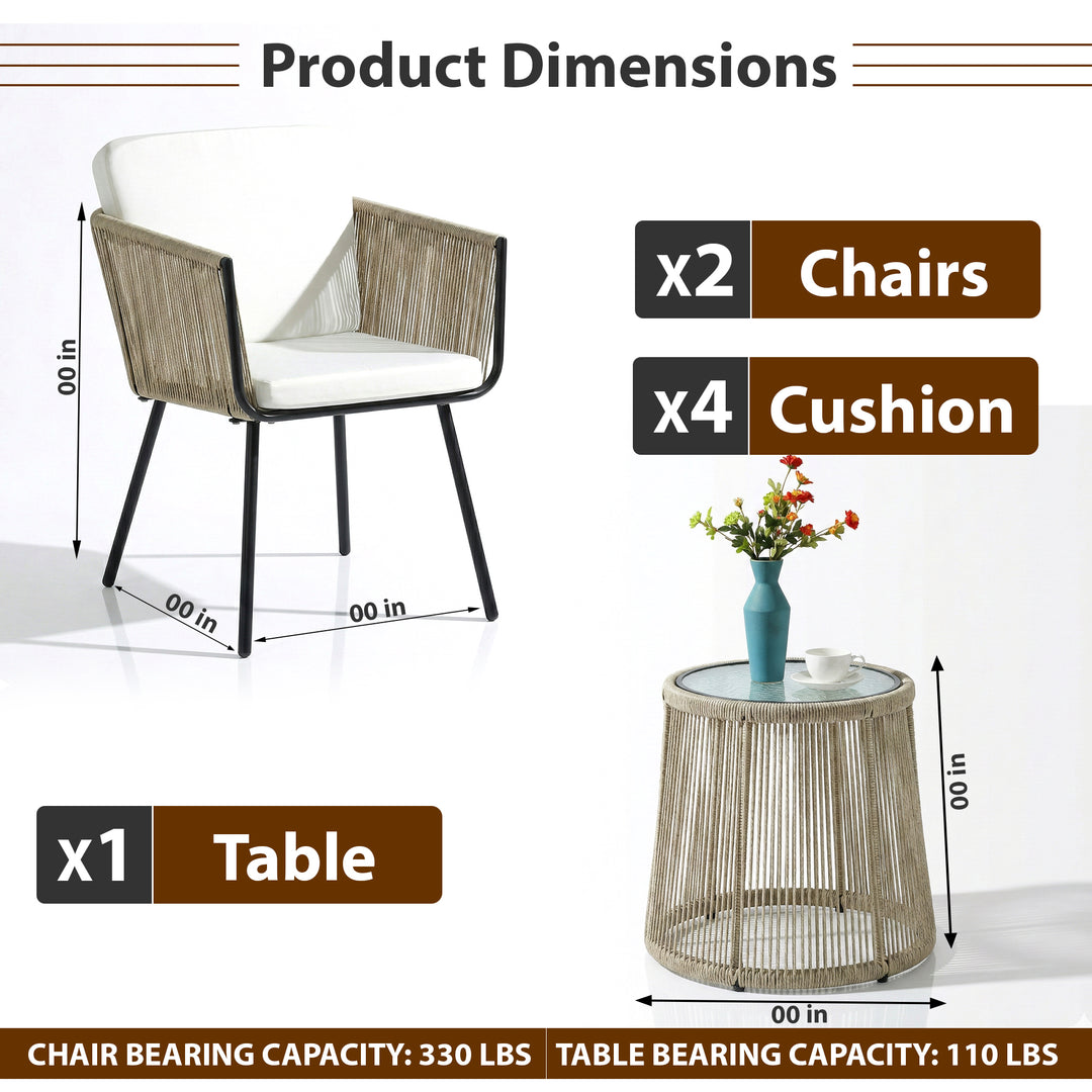 Rapid Outdoor Patio Seating Set 2 Chairs and 1 Table Set (Cream) Braided & Rope