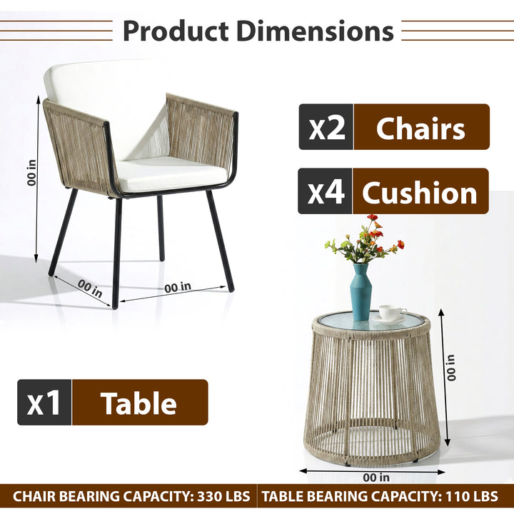 Rapid Outdoor Patio Seating Set 2 Chairs and 1 Table Set (Cream) Braided & Rope