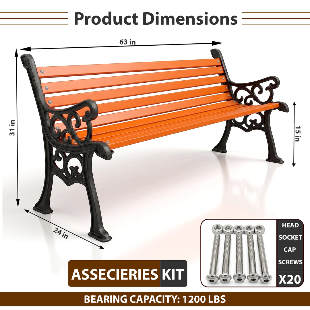 Crafty Cast Iron 3 Seater Garden Bench for Outdoor Park - (Black + Orange)